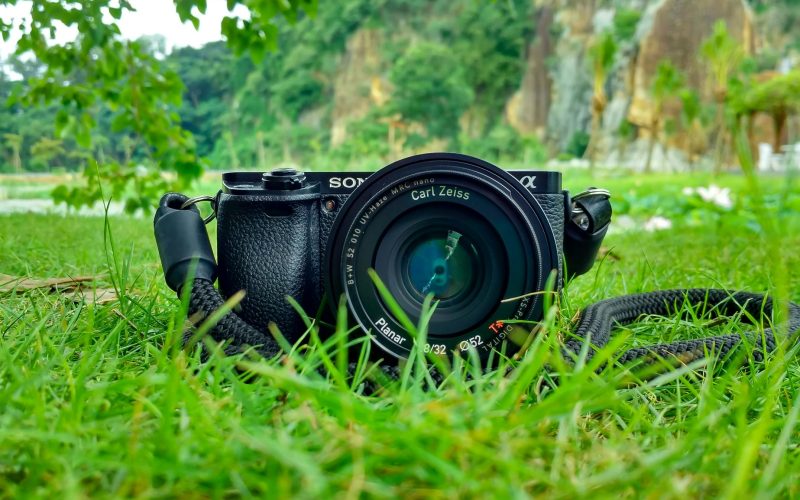 Camera with Carl Zeiss lens on grass, surrounded by nature and vibrant greenery.